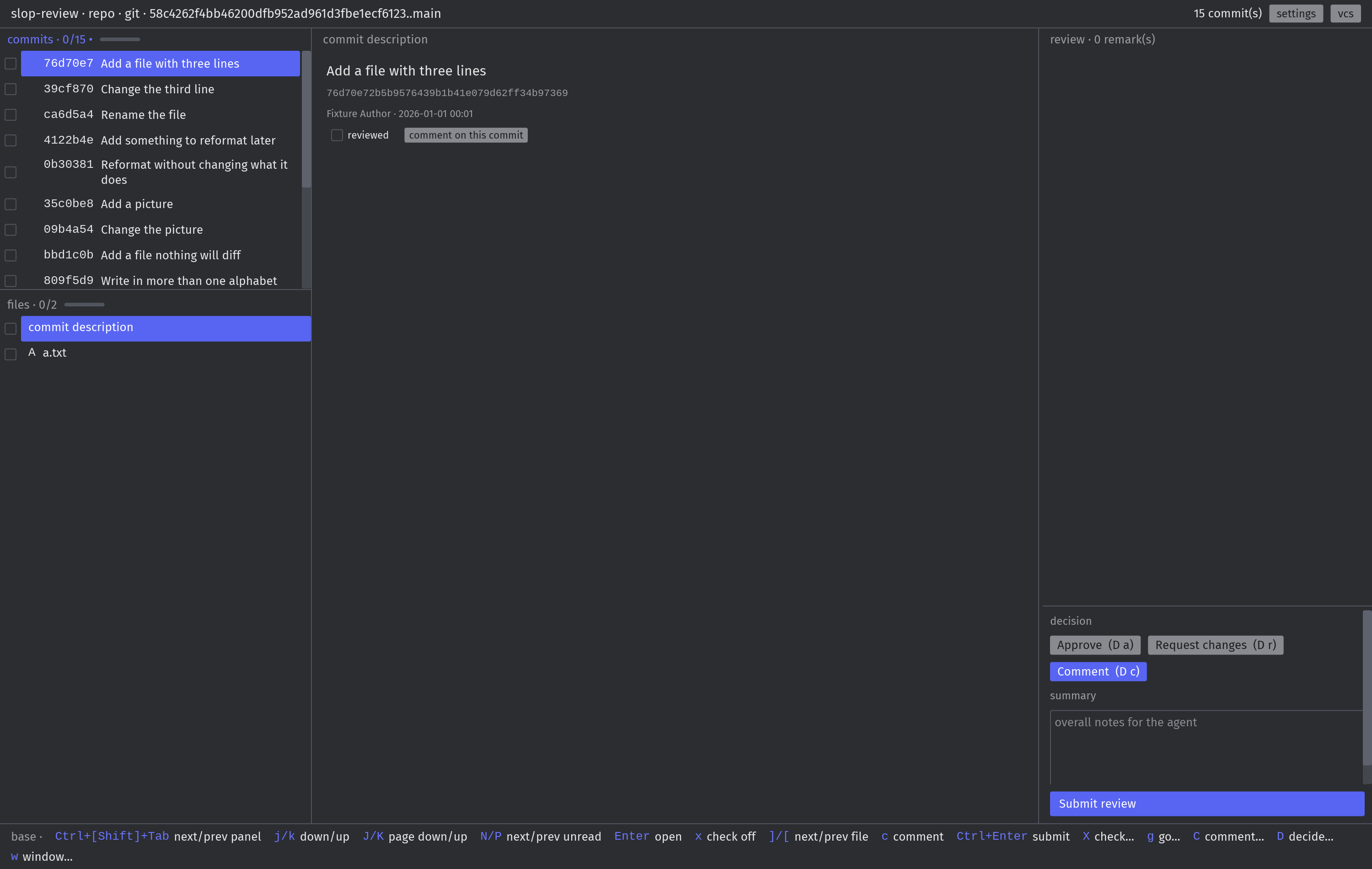 The slop-review window: commits on the left, a diff in the middle, the review being written on the right.